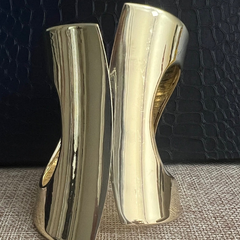 Gold Tone Sculptural Hinged Cuff Bracelet Statement Wide Bangle Size M Mob Wife